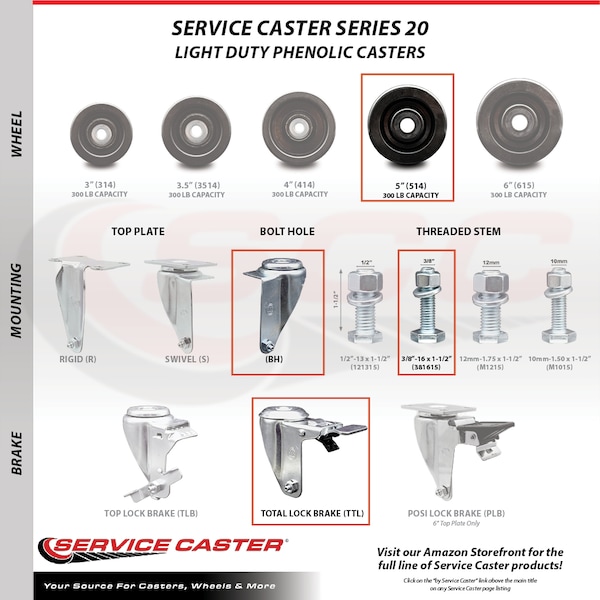 Service Caster 5 Inch SS Phenolic Swivel 3/8 Inch Threaded Stem Caster Set Total Lock Brake SCC SCC-SSTSTTL20S514-PHS-381615-4 - main